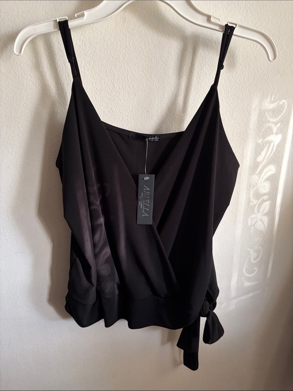 Ariella Black Wrap-Front Spaghetti Strap Camisole with Side Tie